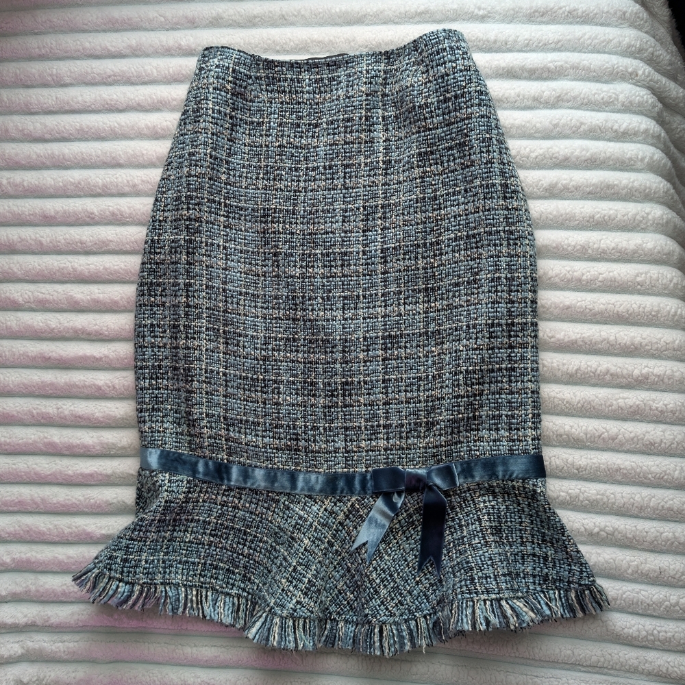 Vintage Identity By Lord & Taylor - Pencil Trumpet Blue Tweed Skirt With Fringe